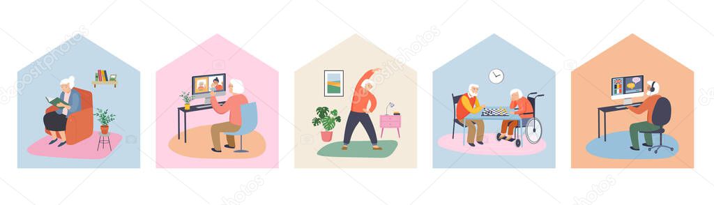 Elderly, old people, senior people at home, playing chess, chatting on computer with grandchildren, reading books, working out, learning languages. Vector illustration, cartoon set stock illustration