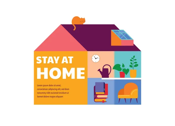 Stay at home, concept design. House facade with different types of people looking out and communicating with their neighbors. Self isolation, quarantine during coronavirus outbreak. Vector flat style — Stock Vector