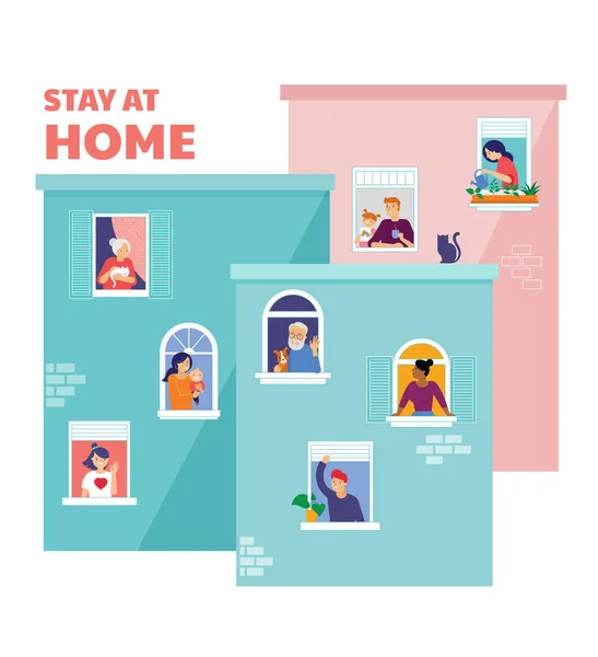 Stay at home, concept design. House facade with different types of people looking out and communicating with their neighbors. Self isolation, quarantine during coronavirus outbreak. Vector flat style — Stock Vector