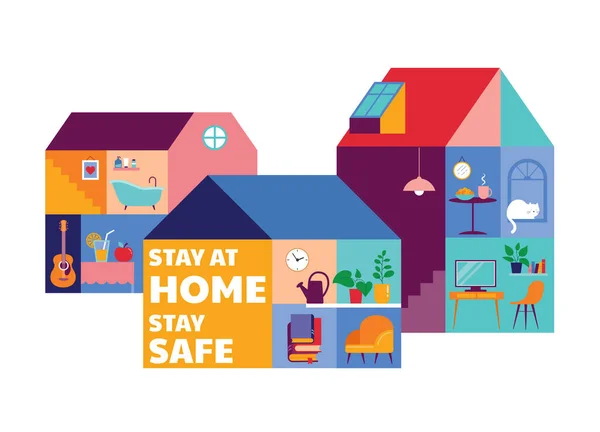 Stay at home, concept design. House facade with different types of people looking out and communicating with their neighbors. Self isolation, quarantine during coronavirus outbreak. Vector flat style — Stock Vector