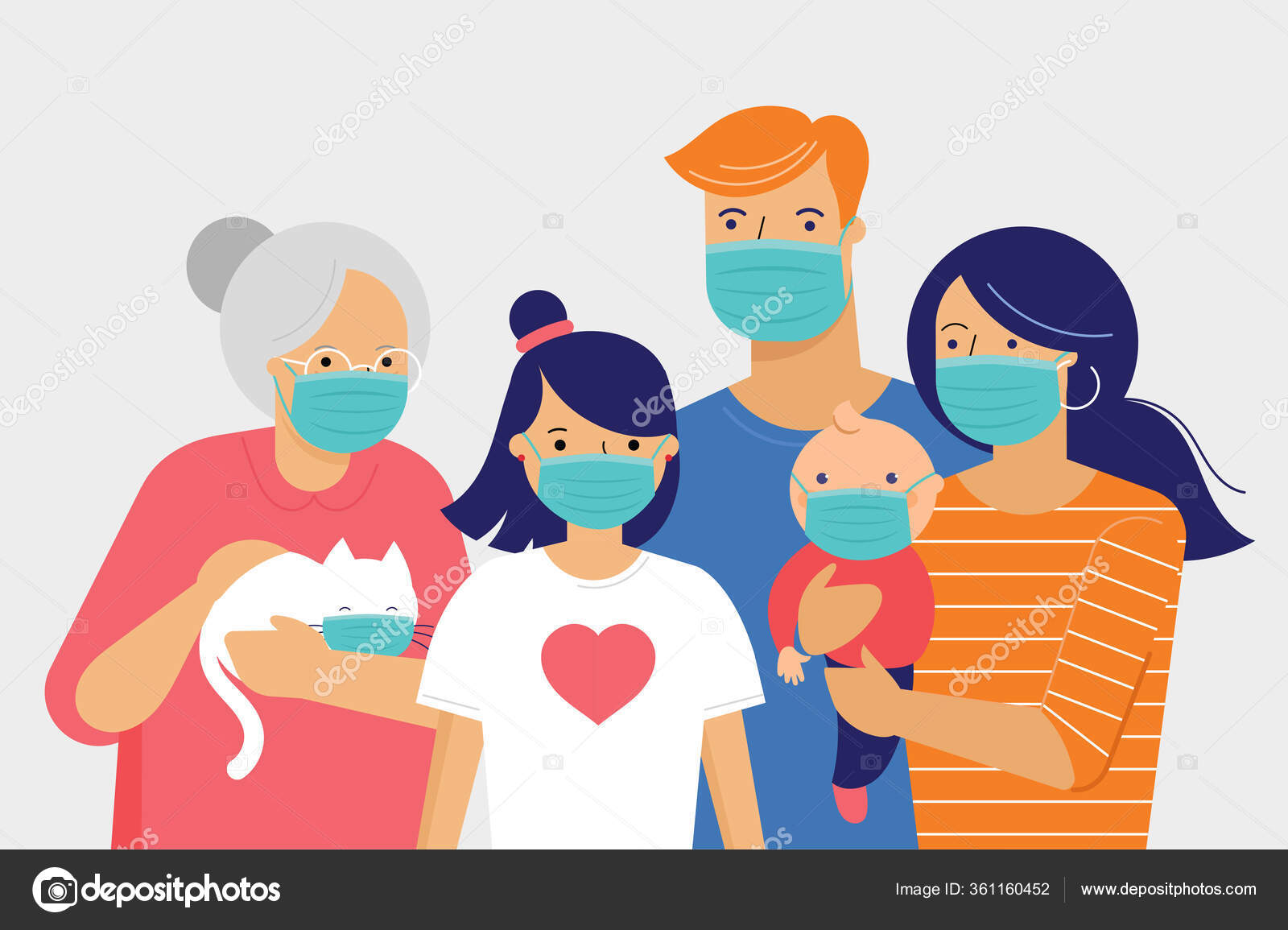 家族 母親 父 赤ん坊そしてコロナウイルスの発生の間に医療マスク を身に着けている女の子 Covid 19のコンセプト 隔離隔離だ ベクトルフラットスタイルイラスト ストックベクター C Marish