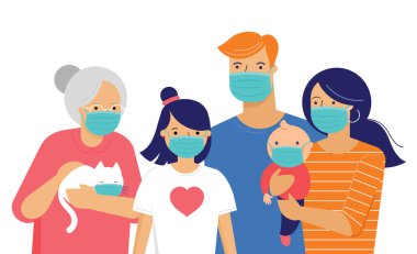 Aile, anne, baba, bebek ve Coronavirus sırasında maske takan bir kız. Covid-19 konsepti. Kendini tecrit, karantina. Vektör düz biçim illüstrasyonu