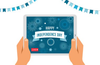 Bağımsızlık Günü kutlamaları online, canlı yayında. İnsanlar tablet ve akıllı telefonlardan video çekiyor. Vektör tasarımı ve illüstrasyonu