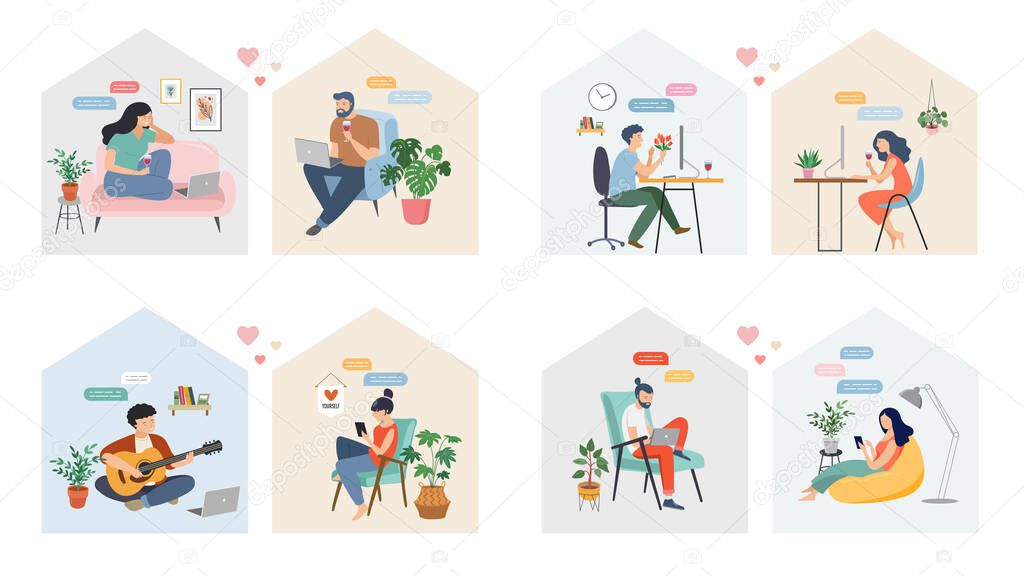 Couples with smartphones, tablets and laptops chatting online, during coronavirus self isolation, quarantine. Virtual dating concept. Vector illustration