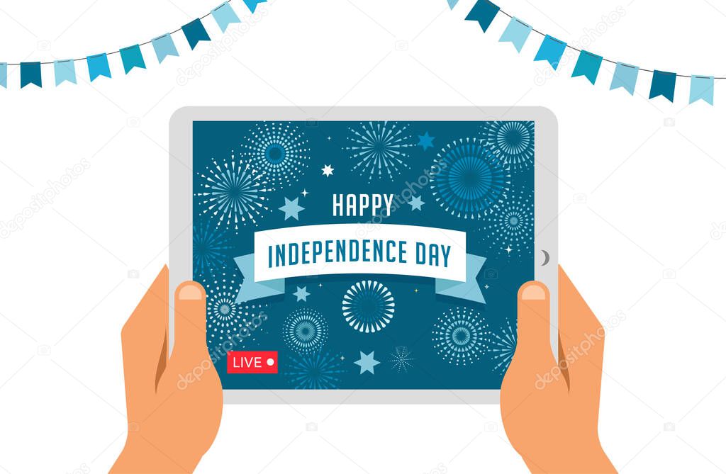 Independence day celebration online, live video. People are taking video on tablets and smartphones. Vector design and illustration