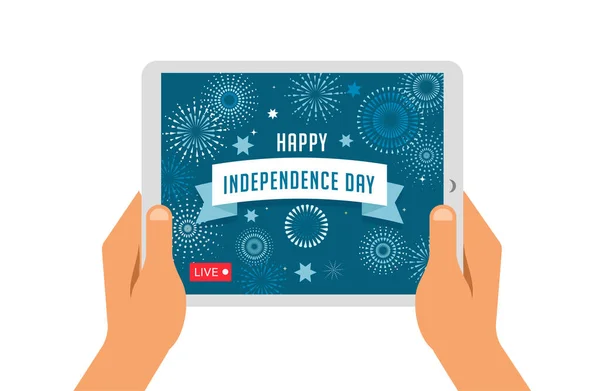 Fête de l'indépendance en ligne, vidéo en direct. Les gens prennent des vidéos sur tablettes et smartphones. Conception et illustration vectorielles — Image vectorielle