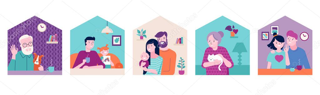 Stay at home, concept design. House facade with different types of people looking out and communicating with their neighbors. Self isolation, quarantine during coronavirus outbreak. Vector flat style