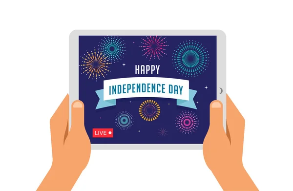 Fête de l'indépendance en ligne, vidéo en direct. Les gens prennent des vidéos sur tablettes et smartphones. Conception et illustration vectorielles — Image vectorielle