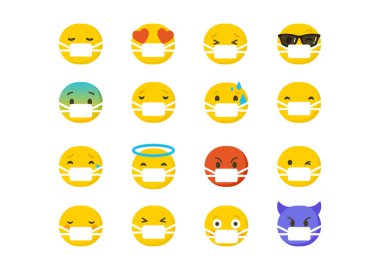 Cerrahi koruyucu maskeler takan yüz ifadeleri, beyaz arka planda izole edilmiş emoji, düz vektör çizimi