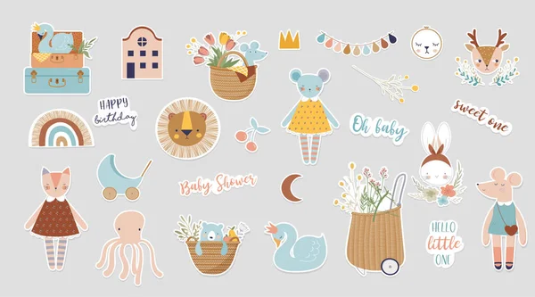 Trendy baby and children illustrations, stickers, tattoos. Vintage style. Vector illustrations — Stock Vector