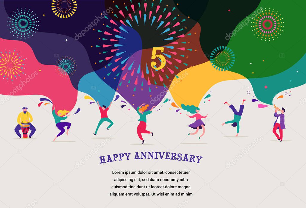 Anniversary celebration. Happy people dancing, playing music, celebrating. Vector illustration, banner, poster