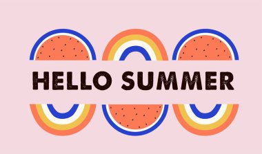 Merhaba yaz, karpuz ve gökkuşaklı pankart tasarımı. Vektör illüstrasyonu 