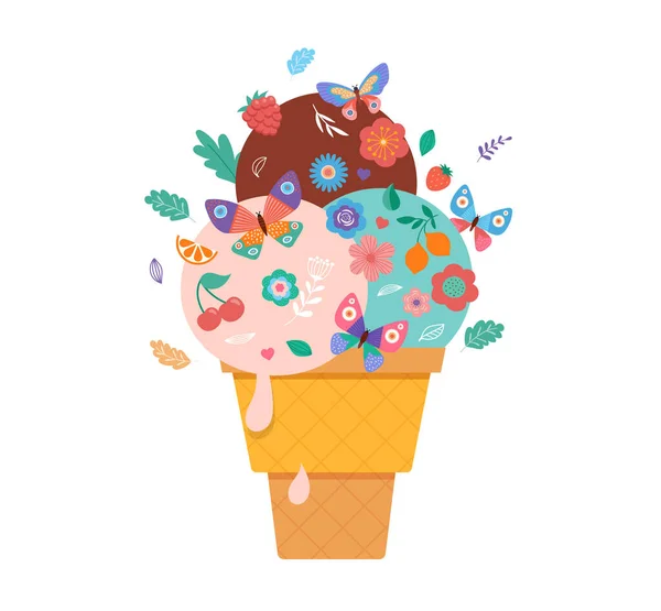 夏天的场景，有冰淇淋锥，有鲜花、水果和蝴蝶的圣代 — 图库矢量图片