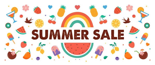Vente d'été, design de bannière avec fruits, crème glacée, arc-en-ciel, pastèque et cocktails — Image vectorielle