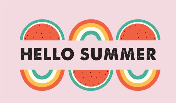 Hej sommar, banner design med vattenmelon och regnbågar. Vektorillustration — Stock vektor