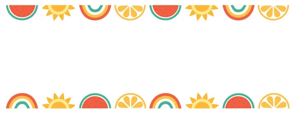 Olá verão, design de banner com melancia, sol, donut e arco-íris. Ilustração vetorial — Vetor de Stock