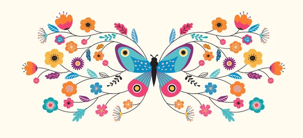 Letní abstraktní pozadí, banner design s motýlem a květy — Stockový vektor