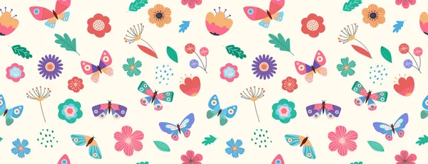 Letní bezešvý vzor, prapor s motýly a květinami — Stockový vektor