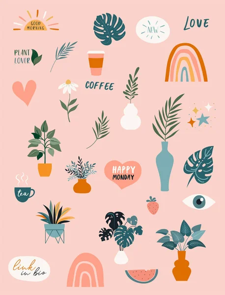 Collection of handwritten phrases, quotes, stickers and decorative design elements, plants, rainbow and leaves, hand drawn in trendy doodle style. Colorful vector illustrations and prints — Stock Vector