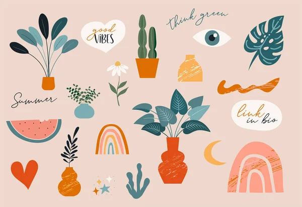 Collection of handwritten phrases, quotes, stickers and decorative design elements, plants, rainbow and leaves, hand drawn in trendy doodle style. Colorful vector illustrations and prints — Stock Vector