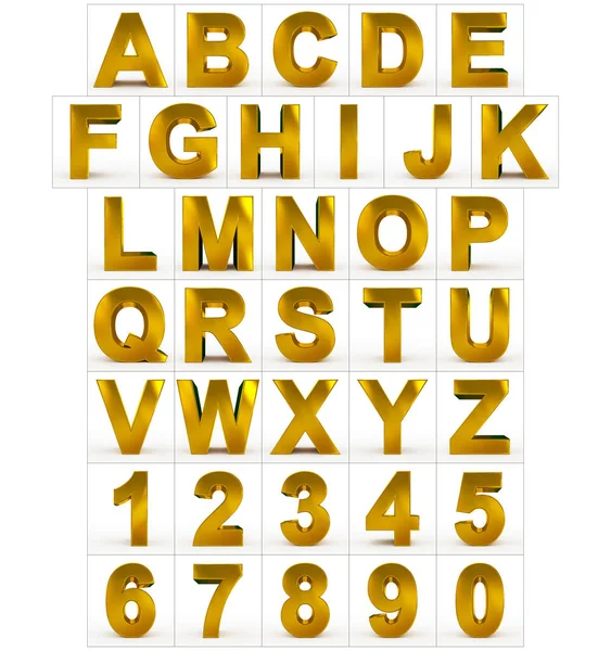 Písmena a čísla, 3d zlatý izolované na bílém — Stock fotografie