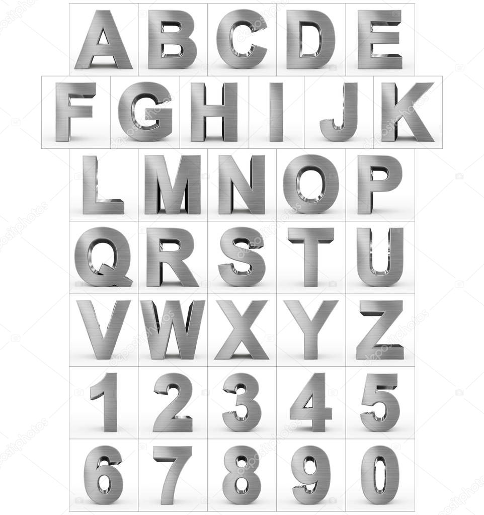 letters and numbers 3d metal isolated on white