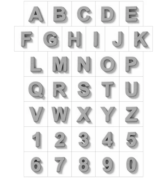 白色的影子 — — 一个孤立的字母和数字 3d 金属 ort — 图库照片