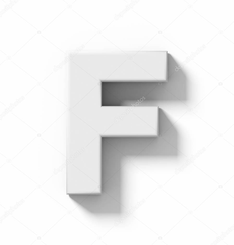 Letter F 3D white isolated on white with shadow - orthogonal projection - 3d rendering
