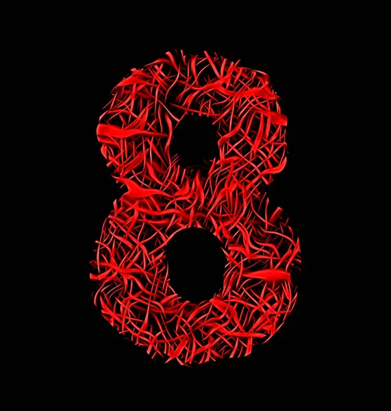 Número 8 estilo de malha de fibra artística vermelho isolado no preto — Fotografia de Stock