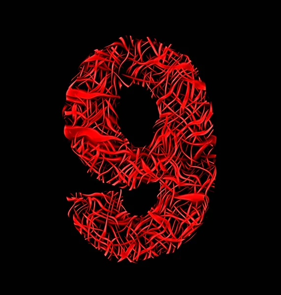 Nummer 9 rode artistieke vezel mesh stijl geïsoleerd op zwart — Stockfoto