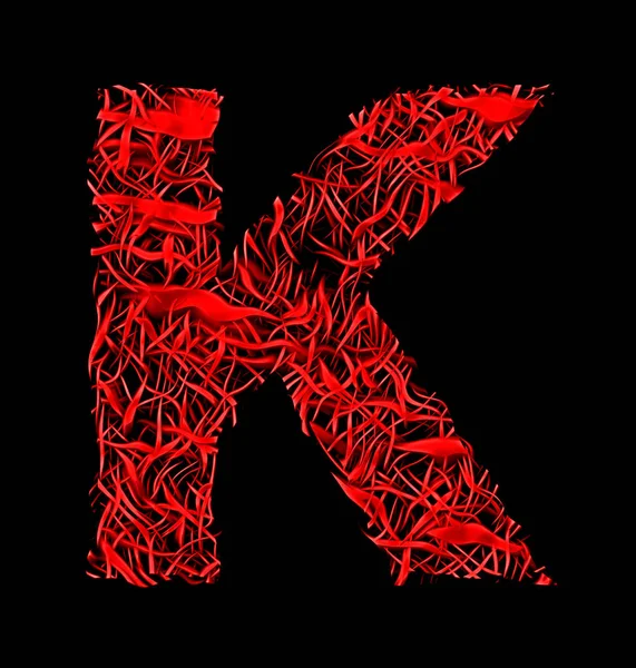 Buchstabe k rot künstlerischen Fasernetz Stil isoliert auf schwarz — Stockfoto