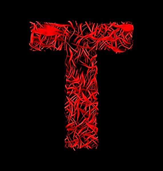 Buchstabe t rot künstlerischen Fasernetz Stil isoliert auf schwarz — Stockfoto