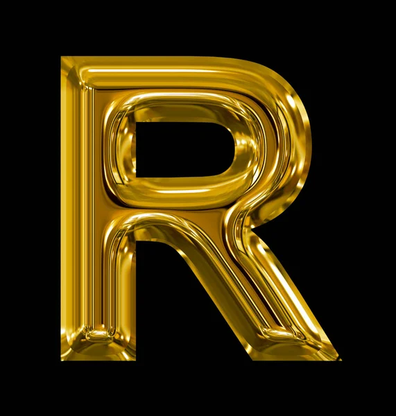 Písmeno R zaoblené lesklé zlaté izolované na černé — Stock fotografie