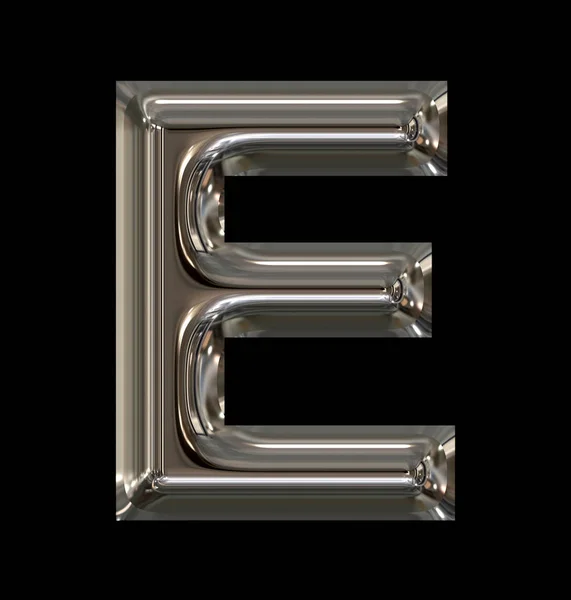 Letter E afgerond glanzend zilver geïsoleerd op zwart — Stockfoto