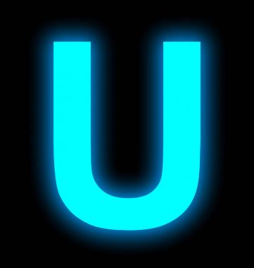 U harfi neon ışık tam siyah izole