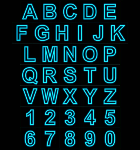 Letras e números luzes de néon delineadas isoladas em preto — Fotografia de Stock