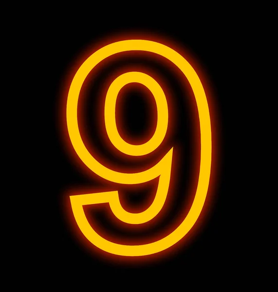 Número 9 luzes de néon delineadas isoladas em preto — Fotografia de Stock