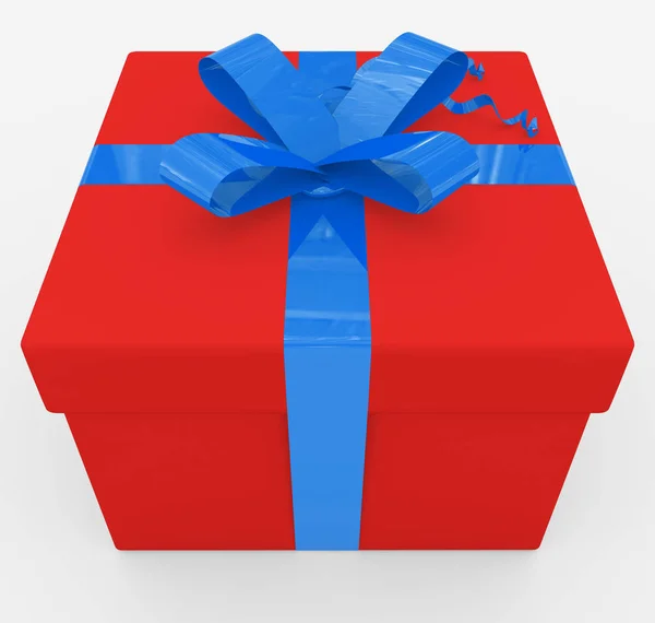 Gift box - red box, blue ribbon - isolated on white — Zdjęcie stockowe