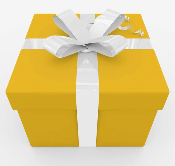 Gift box - żółty pojemnik, biały wstążki - na białym tle — Zdjęcie stockowe