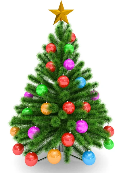 Christmas tree decorated with colorful Christmas balls and golde — Stock Photo, Image