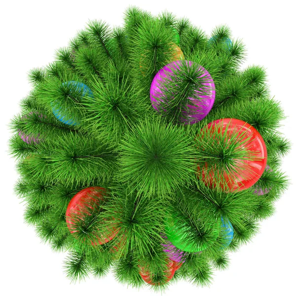Vánoční stromeček - pohled shora - zdobené barevnými vánoční ba — Stock fotografie