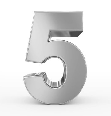 Sayı 5 üzerinde beyaz izole 3d gümüş