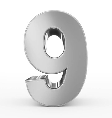 Sayı 9 üzerinde beyaz izole 3d gümüş
