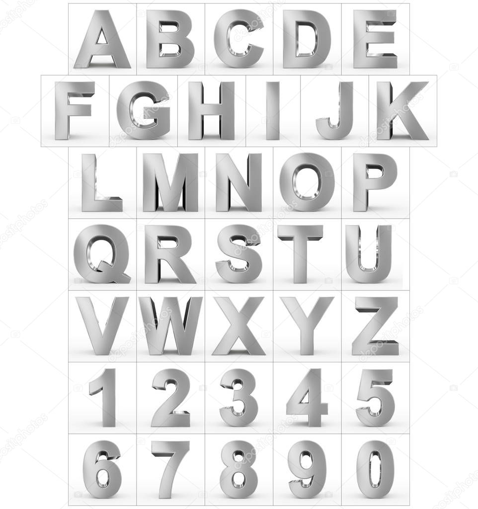 letters and numbers 3d silver isolated on white
