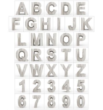 harfler ve sayılar 3d ahşap beyaz izole