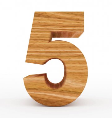Sayı 5 üzerinde beyaz izole 3d ahşap