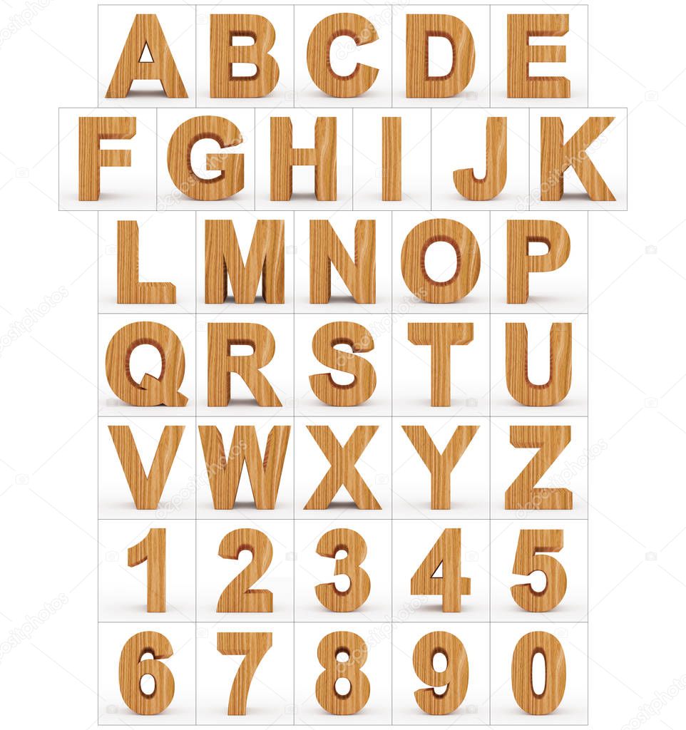 letters and numbers 3d wooden isolated on white