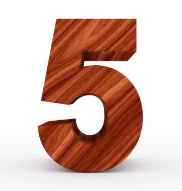 Sayı 5 üzerinde beyaz izole 3d ahşap