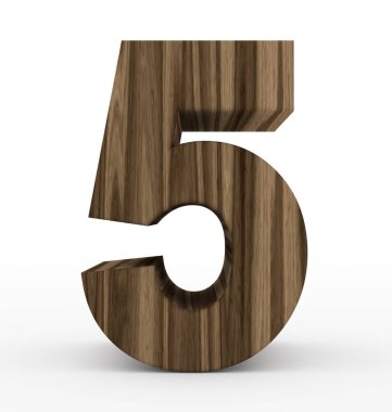 Sayı 5 üzerinde beyaz izole 3d ahşap