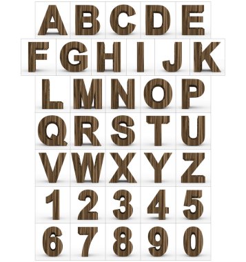 harfler ve sayılar 3d ahşap beyaz izole